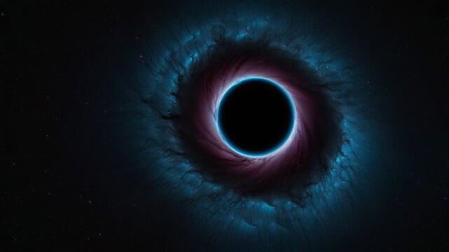 In the center, there is a pitch black circle representing the black hole itself, surrounded by a glowing accretion ring