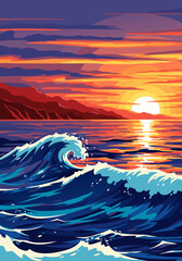 Vivid sunset over the ocean with dramatic waves crashing, painting the sky with fiery hues