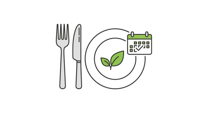 Vegan meal plan calendar for healthy eating and weight loss with fork knife and plate illustration