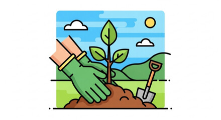 Planting trees and gardening for a sustainable future and environment with green hands and shovel tool