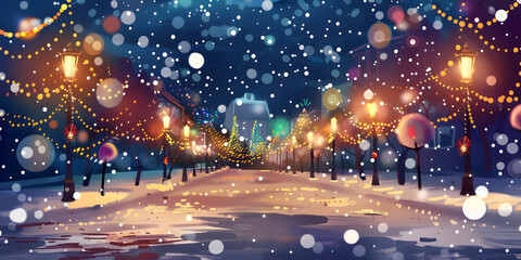 Winter cityscape illustration depicts a snowy evening with illuminated street lamps and decorative lights strung between them, reflecting softly on the snow-covered ground, capturing the festive...