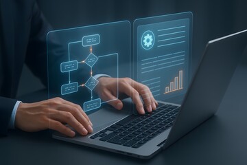 Workflow process diagram and analytics dashboard on modern laptop