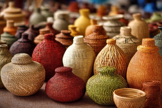 Handwoven baskets displayed at craft fair in Joao Pessoa Brazil showcasing traditional artisan skills and local craftsmanship