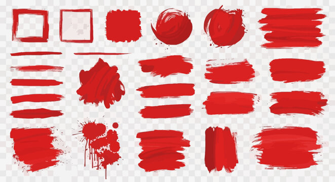 Vector set of red brush strokes for artistic design elements and abstract backgrounds