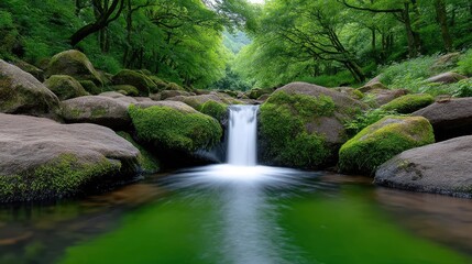 Fototapeta premium Lush Forest Waterfall With Smooth Cascading Water Over Moss Covered Rocks Into A Vibrant Green Pool With Sunlit Foliage Overhead
