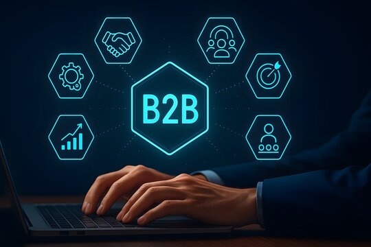 B2B marketing strategy icons around laptop with business analytics
