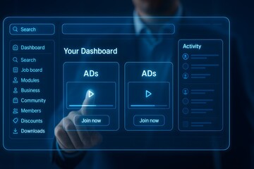 Business dashboard user interface with ads modules and activity panel