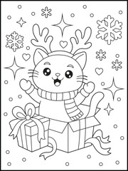 Adorable Kawaii Cat with Reindeer Antlers Popping Out of a Gift Box. Fun Christmas Coloring Page for Kids and Adults. 