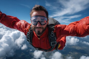 Skydiver gliding through clear blue skies, capturing the thrill of free fall above clouds during a sunny day