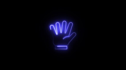 Glowing neon hand gesture five fingers open palm blue light effect on black background abstract symbol communication