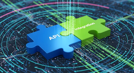 Digital representation of API integration concept with interlocking puzzle pieces against a futuristic tech-inspired abstract background symbolizing connectivity and interoperability 51271835 1