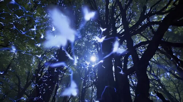 Forest under dim sky. Tree trunk rises into canopy. Moth and firefly drift near branch and leaf. Glow from insect permeates night. Soft blue glow dots canopy and leaf. Light particle drift adds depth.