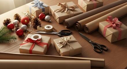 Christmas Gift Wrapping Supplies on Wooden Table
