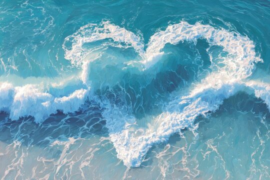 digital painting of ocean waves forming heart shape, clean minimal eco love for nature concept, pastel blue