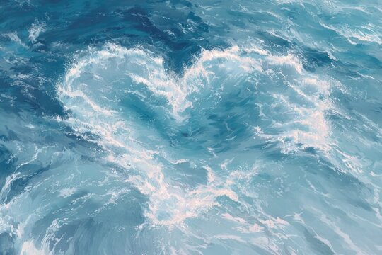 digital painting of ocean waves forming heart shape, clean minimal eco love for nature concept, pastel blue - Powered by Adobe