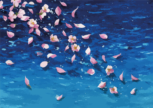 P&eacute;talas de cerejeira rosa flutuando sobre a superf&iacute;cie azul escura e texturizada da &aacute;gua.