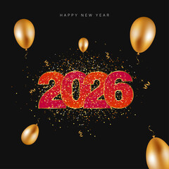 Festive Happy New Year 2026 Design with Gold Balloons and Sparkling Text on Black Background