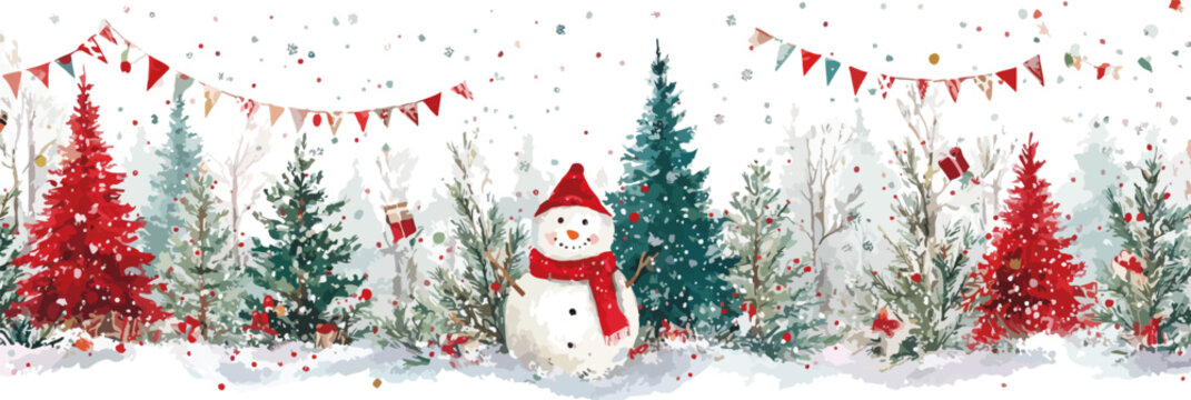 Vetor aquarela festivo de boneco de neve sorridente com &aacute;rvores de Natal vermelhas e verdes em paisagem nevada.