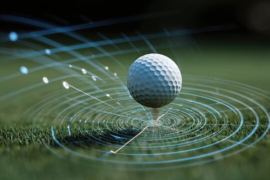 Golf ball tracking graphic shows shot trajectory and movement in realistic style on a golf course during sunny weather