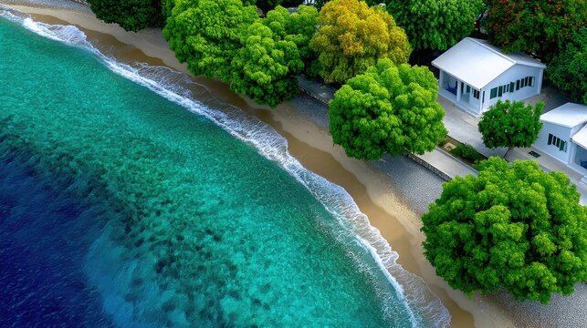 Aerial view of a tropical island coast with lush green trees white villas and sandy beach with clear turquoise ocean water and gentle waves