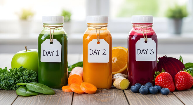 Three labeled juice bottles with fruits and greens symbolize a 3-day detox cleanse plan 97605929 1