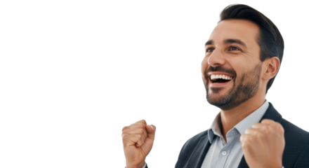 Adult diverse professional, triumphant smile, sparkling eyes, business casual, subtle fist pump, blurred modern office, soft lighting, professional success concept