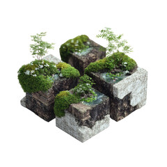 Cubes topped with moss, flowers, and tiny trees