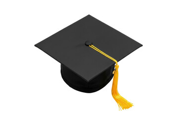A pristine black mortarboard graduation cap with a vibrant yellow tassel, isolated on a brilliant transparent background with negative space, high-angle shot. Concept of academic success and future