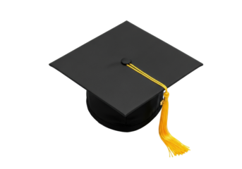 A pristine black mortarboard graduation cap with a vibrant yellow tassel, isolated on a brilliant transparent background with negative space, high-angle shot. Concept of academic success and future