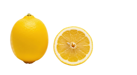 A vibrant whole and sliced yellow lemon with glistening pulp on a transparent surface, high-key studio lighting with negative space, photorealistic commercial fresh produce concept
