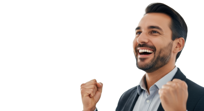 Adult diverse professional, triumphant smile, sparkling eyes, business casual, subtle fist pump, blurred modern office, soft lighting, professional success concept