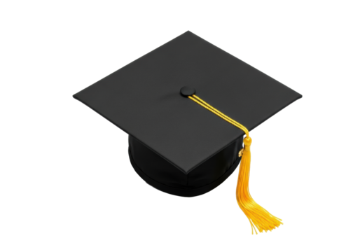 A pristine black mortarboard graduation cap with a vibrant yellow tassel, isolated on a brilliant transparent background with negative space, high-angle shot. Concept of academic success and future