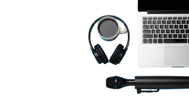 Silver laptop, white coffee mug, over-ear headphones, black shotgun microphone flat lay on light blue background, soft light, productivity concept