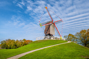 Landscape with famous historic windmill in Bruges, Belgium
