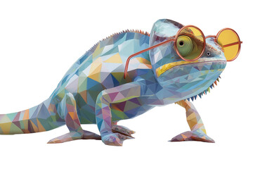 Fototapeta premium Faceted polygonal chameleon with reflective sunglasses abstract minimal vector artwork designed in panoramic colorful style.jpeg