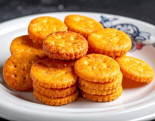 Close-up of golden-brown, round crackers, stacked and scattered on a white ceramic plate