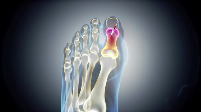 Animated Foot XRay Showing Broken Toe Bone with Highlighted Fracture Area