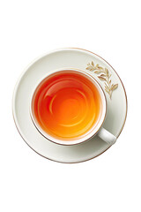 Teacup on saucer, amber liquid, overhead view, floral art