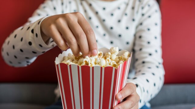 Person eating popcorn from a striped container against a red background during a movie night