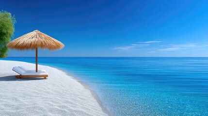 Relaxing White Pebble Beach With Straw Umbrella Chaise Lounge Under Bright Sunny Blue Sky And Turquoise Ocean Water With Gentle Waves And White Clouds