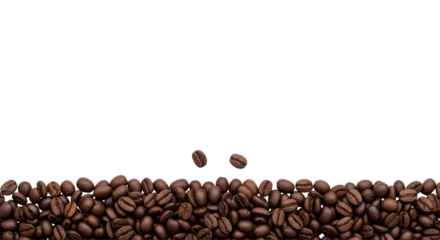 High-quality dark roasted coffee beans, pristine and uniformly sized, arranged in a dense horizontal band on a transparent background with copy space, concept for premium product marketing