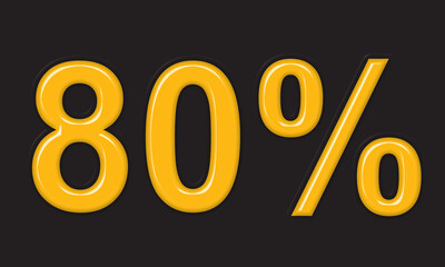 80 percent golden number icon, shiny 3D percentage figure on dark background, glossy numeric symbol for discount or progress rate design