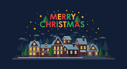 Cozy winter village scene with merry christmas greeting and twinkling stars on a dark night sky