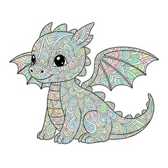 Cute whimsical baby dragon with colorful scales and large eyes isolated on white background