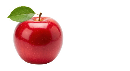 A vibrant red apple with glossy skin, crisp green leaf, and brown stem, isolated on a transparent studio background with negative copy space, concept of natural health and wholesome living