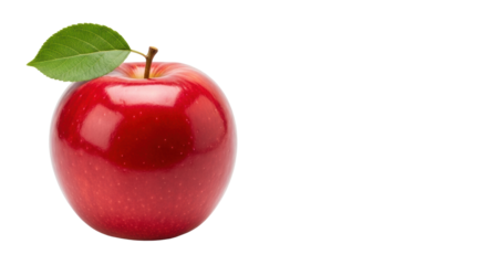 A vibrant red apple with glossy skin, crisp green leaf, and brown stem, isolated on a transparent studio background with negative copy space, concept of natural health and wholesome living