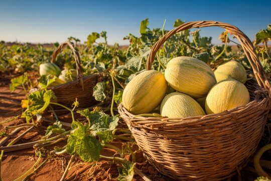 A rustic basket of freshly harvested ripe melons in a sunny farm field.