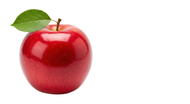 A vibrant red apple with glossy skin, crisp green leaf, and brown stem, isolated on a transparent studio background with negative copy space, concept of natural health and wholesome living