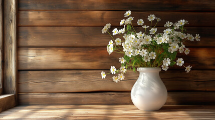 White flowers in ceramic vase on wooden table by rustic wall. Copy space