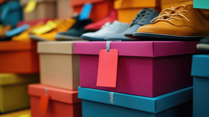 A colorful stack of cardboard shoe boxes with visible discount tags. The boxes are arranged in various colors, creating a vibrant display.